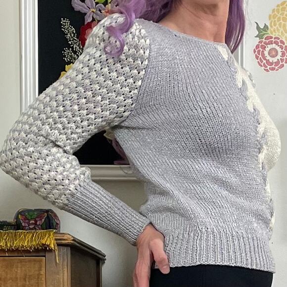 Vintage Gray & White Puff Sleeve Sweater, 1980s Cable Knit Nannell Boatneck Sz S - Picture 6 of 15